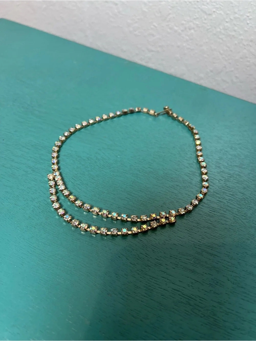 Vintage Gold-Tone Crystal Tennis Necklace - Aurora Borealis Sparkle
